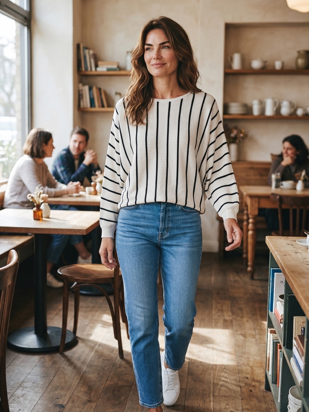 Chelsea & Theodore Cream and Black Striped Crewneck Sweater